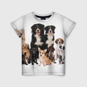 Детская футболка 3D с принтом Породистые собаки , 100% гипоаллергенный полиэфир | прямой крой, круглый вырез горловины, длина до линии бедер, чуть спущенное плечо, ткань немного тянется | animal | bernese | breed | bulldog | corgi | cute | dog | french | funny | jack | labrador | mountain dog | muzzle | paws | pug | puppy | spaniel | бернский | бульдог | джек рассел | животное | забавный | зенненхунд | корги | лабрадор | лапы | милый