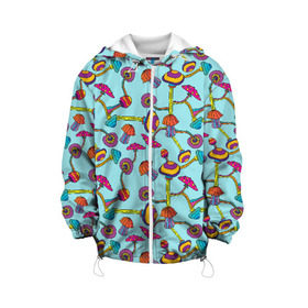 Детская куртка 3D с принтом Грибы , 100% полиэстер | застежка — молния, подол и капюшон оформлены резинкой с фиксаторами, по бокам — два кармана без застежек, один потайной карман на груди, плотность верхнего слоя — 90 г/м2; плотность флисового подклада — 260 г/м2 | Тематика изображения на принте: blue | bright | cheerful | colorful | funny | green | mushroom | mushrooms | orange | pink | purple | yellow | веселый | грибы | желтый | зеленый | красочный | мухомор | оранжевый | прикольный | розовый | фиолетовый | яркий