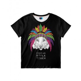 Детская футболка 3D с принтом Indian style tiger , 100% гипоаллергенный полиэфир | прямой крой, круглый вырез горловины, длина до линии бедер, чуть спущенное плечо, ткань немного тянется | animal | ethnic | feathers | multicolored | muzzle | predator | tiger | животное | перья | разноцветный | тигр | этнический