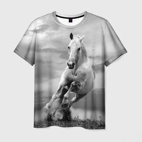 Мужская футболка 3D с принтом Белая лошадь , 100% полиэфир | прямой крой, круглый вырез горловины, длина до линии бедер | animal | beautiful | gloss | horse | mane | mustang | muzzle | nature | white | wild | белый | грива | дикий | животное | конь | красивый | лоск | лошадь | мустанг | природа | скакун