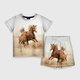 Детский костюм с шортами 3D с принтом Лошадь с жеребенком ,  |  | Тематика изображения на принте: animal | baby | beautiful | brown | desert | foal | horse | mustang | nature | wild | дикий | жеребенок | животное | конь | коричневый | красивый | лошадь | малыш | мустанг | природа | пустыня | скакун