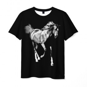 Мужская футболка 3D с принтом Конь вороной , 100% полиэфир | прямой крой, круглый вырез горловины, длина до линии бедер | Тематика изображения на принте: 