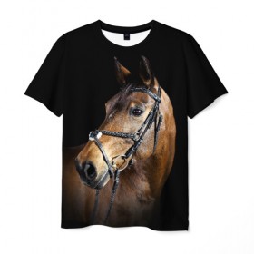 Мужская футболка 3D с принтом Гнедая лошадь , 100% полиэфир | прямой крой, круглый вырез горловины, длина до линии бедер | Тематика изображения на принте: animal | beautiful | black | brown | eyes | gloss | harness | horse | look | muzzle | взгляд | глаза | гнедая | гнедой | животное | конь | коричневый | красивый | лоск | лошадь | сбруя | скакун | черный
