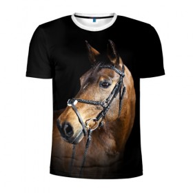 Мужская футболка 3D спортивная с принтом Гнедая лошадь , 100% полиэстер с улучшенными характеристиками | приталенный силуэт, круглая горловина, широкие плечи, сужается к линии бедра | Тематика изображения на принте: animal | beautiful | black | brown | eyes | gloss | harness | horse | look | muzzle | взгляд | глаза | гнедая | гнедой | животное | конь | коричневый | красивый | лоск | лошадь | сбруя | скакун | черный