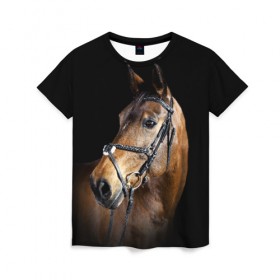 Женская футболка 3D с принтом Гнедая лошадь , 100% полиэфир ( синтетическое хлопкоподобное полотно) | прямой крой, круглый вырез горловины, длина до линии бедер | animal | beautiful | black | brown | eyes | gloss | harness | horse | look | muzzle | взгляд | глаза | гнедая | гнедой | животное | конь | коричневый | красивый | лоск | лошадь | сбруя | скакун | черный