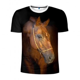 Мужская футболка 3D спортивная с принтом Гнедая лошадь , 100% полиэстер с улучшенными характеристиками | приталенный силуэт, круглая горловина, широкие плечи, сужается к линии бедра | Тематика изображения на принте: animal | beautiful | black | brown | eyes | gloss | harness | horse | look | muzzle | взгляд | глаза | гнедой | животное | конь | коричневый | красивый | лоск | лошадь | сбруя | скакун | черный