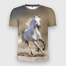 Мужская футболка 3D спортивная с принтом Белый конь , 100% полиэстер с улучшенными характеристиками | приталенный силуэт, круглая горловина, широкие плечи, сужается к линии бедра | animal | beautiful | desert | gloss | horse | mane | mustang | muzzle | nature | sand | white | wild | белый | грива | дикий | животное | конь | красивый | лоск | лошадь | мустанг | песок | природа | пустыня | скакун