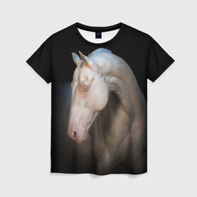 Женская футболка 3D с принтом Белая лошадь , 100% полиэфир ( синтетическое хлопкоподобное полотно) | прямой крой, круглый вырез горловины, длина до линии бедер | animal | black | breed | horse | muscle | muzzle | strength | unusual | white | белый | животное | конь | лошадь | мышцы | необычный | порода | сила | скакун