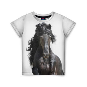 Детская футболка 3D с принтом Лошадь , 100% гипоаллергенный полиэфир | прямой крой, круглый вырез горловины, длина до линии бедер, чуть спущенное плечо, ткань немного тянется | animal | beautiful | black | horse | mane | mustang | muzzle | wild | грива | дикий | животное | конь | красивый | лошадь | мустанг | скакун | черный