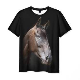 Мужская футболка 3D с принтом Лошадь , 100% полиэфир | прямой крой, круглый вырез горловины, длина до линии бедер | Тематика изображения на принте: animal | beautiful | black | brown | horse | muzzle | portrait | животное | конь | коричневый | красивый | лошадь | портрет | скакун | черный