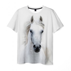 Мужская футболка 3D с принтом Белая лошадь , 100% полиэфир | прямой крой, круглый вырез горловины, длина до линии бедер | animal | beautiful | gloss | horse | mane | mustang | muzzle | white | wild | белый | грива | дикий | животное | конь | красивый | лоск | лошадь | мустанг | скакун
