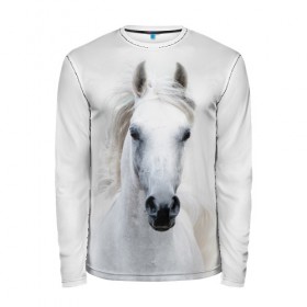 Мужской лонгслив 3D с принтом Белая лошадь , 100% полиэстер | длинные рукава, круглый вырез горловины, полуприлегающий силуэт | animal | beautiful | gloss | horse | mane | mustang | muzzle | white | wild | белый | грива | дикий | животное | конь | красивый | лоск | лошадь | мустанг | скакун