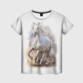 Женская футболка 3D с принтом Белая лошадь , 100% полиэфир ( синтетическое хлопкоподобное полотно) | прямой крой, круглый вырез горловины, длина до линии бедер | animal | beautiful | drawing | horse | mane | muzzle | nature | white | wild | белый | грива | дикий | животное | конь | красивый | лошадь | природа | рисунок | скакун