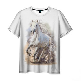 Мужская футболка 3D с принтом Белая лошадь , 100% полиэфир | прямой крой, круглый вырез горловины, длина до линии бедер | animal | beautiful | drawing | horse | mane | muzzle | nature | white | wild | белый | грива | дикий | животное | конь | красивый | лошадь | природа | рисунок | скакун