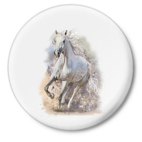 Значок с принтом Белая лошадь ,  металл | круглая форма, металлическая застежка в виде булавки | animal | beautiful | drawing | horse | mane | muzzle | nature | white | wild | белый | грива | дикий | животное | конь | красивый | лошадь | природа | рисунок | скакун