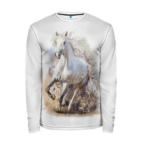 Мужской лонгслив 3D с принтом Белая лошадь , 100% полиэстер | длинные рукава, круглый вырез горловины, полуприлегающий силуэт | animal | beautiful | drawing | horse | mane | muzzle | nature | white | wild | белый | грива | дикий | животное | конь | красивый | лошадь | природа | рисунок | скакун