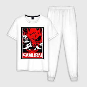 Мужская пижама хлопок с принтом Cyberpunk 2077 , 100% хлопок | брюки и футболка прямого кроя, без карманов, на брюках мягкая резинка на поясе и по низу штанин
 | cyberpunk | cyberpunk 2077 | samurai | игры | киану ривз | киберпанк | самурай