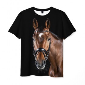 Мужская футболка 3D с принтом Гнедая лошадь , 100% полиэфир | прямой крой, круглый вырез горловины, длина до линии бедер | Тематика изображения на принте: animal | beautiful | black | brown | eyes | gloss | harness | horse | look | muzzle | взгляд | глаза | гнедая | животное | конь | коричневый | красивый | лоск | лошадь | сбруя | скакун | черный