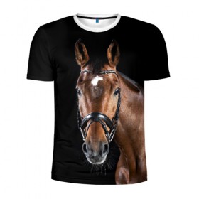 Мужская футболка 3D спортивная с принтом Гнедая лошадь , 100% полиэстер с улучшенными характеристиками | приталенный силуэт, круглая горловина, широкие плечи, сужается к линии бедра | Тематика изображения на принте: animal | beautiful | black | brown | eyes | gloss | harness | horse | look | muzzle | взгляд | глаза | гнедая | животное | конь | коричневый | красивый | лоск | лошадь | сбруя | скакун | черный