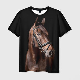 Мужская футболка 3D с принтом Гнедая лошадь , 100% полиэфир | прямой крой, круглый вырез горловины, длина до линии бедер | animal | beautiful | black | brown | eyes | gloss | harness | horse | look | muzzle | взгляд | глаза | гнедая | животное | конь | коричневый | красивый | лоск | лошадь | сбруя | скакун | черный