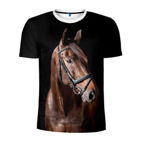 Мужская футболка 3D спортивная с принтом Гнедая лошадь , 100% полиэстер с улучшенными характеристиками | приталенный силуэт, круглая горловина, широкие плечи, сужается к линии бедра | Тематика изображения на принте: animal | beautiful | black | brown | eyes | gloss | harness | horse | look | muzzle | взгляд | глаза | гнедая | животное | конь | коричневый | красивый | лоск | лошадь | сбруя | скакун | черный