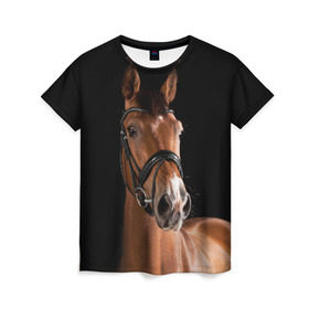 Женская футболка 3D с принтом Гнедая лошадь , 100% полиэфир ( синтетическое хлопкоподобное полотно) | прямой крой, круглый вырез горловины, длина до линии бедер | animal | beautiful | black | brown | eyes | gloss | harness | horse | look | muzzle | взгляд | глаза | гнедая | животное | конь | коричневый | красивый | лоск | лошадь | сбруя | скакун | черный