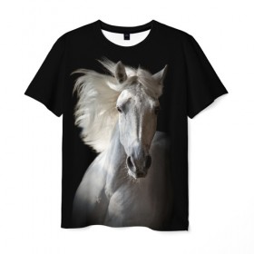 Мужская футболка 3D с принтом Белая лошадь , 100% полиэфир | прямой крой, круглый вырез горловины, длина до линии бедер | animal | beautiful | black | eyes | gloss | grace | harness | horse | look | mane | muzzle | strength | white | белая | взгляд | глаза | грация | грива | животное | конь | красивый | лоск | лошадь | сбруя | сила | скакун