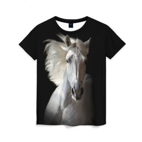 Женская футболка 3D с принтом Белая лошадь , 100% полиэфир ( синтетическое хлопкоподобное полотно) | прямой крой, круглый вырез горловины, длина до линии бедер | animal | beautiful | black | eyes | gloss | grace | harness | horse | look | mane | muzzle | strength | white | белая | взгляд | глаза | грация | грива | животное | конь | красивый | лоск | лошадь | сбруя | сила | скакун