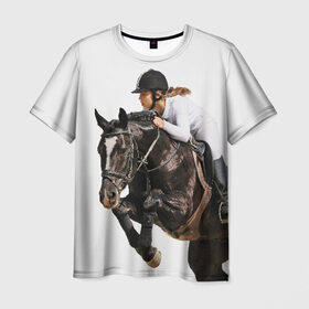 Мужская футболка 3D с принтом Наездница , 100% полиэфир | прямой крой, круглый вырез горловины, длина до линии бедер | animal | coffee | girl | harness | horse | rider | riding | sport | white | woman | белый | девушка | езда | женщина | животное | конь | кофейный | лошадь | наездница | сбруя | спорт