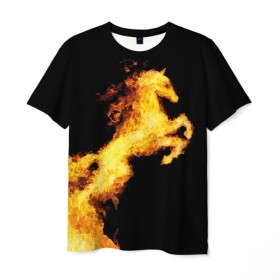 Мужская футболка 3D с принтом Огненный конь , 100% полиэфир | прямой крой, круглый вырез горловины, длина до линии бедер | animal | beautiful | black | fiery | fire | horse | mane | wild | грива | дикий | животное | конь | красивый | лошадь | огненный | огонь | скакун | черный