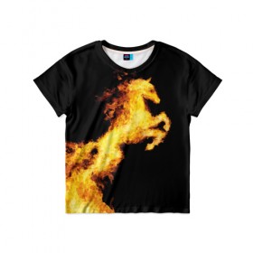 Детская футболка 3D с принтом Огненный конь , 100% гипоаллергенный полиэфир | прямой крой, круглый вырез горловины, длина до линии бедер, чуть спущенное плечо, ткань немного тянется | animal | beautiful | black | fiery | fire | horse | mane | wild | грива | дикий | животное | конь | красивый | лошадь | огненный | огонь | скакун | черный