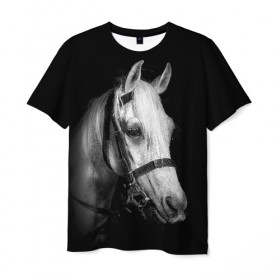 Мужская футболка 3D с принтом Белая лошадь , 100% полиэфир | прямой крой, круглый вырез горловины, длина до линии бедер | Тематика изображения на принте: animal | beautiful | black | eyes | gloss | harness | horse | look | muzzle | white | белый | взгляд | глаза | животное | конь | красивый | лоск | лошадь | сбруя | скакун