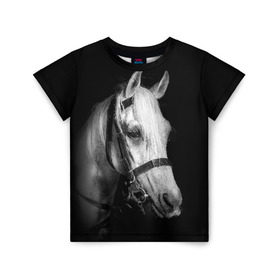 Детская футболка 3D с принтом Белая лошадь , 100% гипоаллергенный полиэфир | прямой крой, круглый вырез горловины, длина до линии бедер, чуть спущенное плечо, ткань немного тянется | animal | beautiful | black | eyes | gloss | harness | horse | look | muzzle | white | белый | взгляд | глаза | животное | конь | красивый | лоск | лошадь | сбруя | скакун