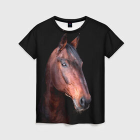 Женская футболка 3D с принтом Гнедая лошадь , 100% полиэфир ( синтетическое хлопкоподобное полотно) | прямой крой, круглый вырез горловины, длина до линии бедер | animal | beautiful | black | brown | chocolate | eyes | gloss | horse | look | muzzle | portrait | взгляд | глаза | животное | конь | коричневый | красивый | лоск | лошадь | портрет | скакун | черный | шоколадный