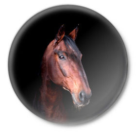 Значок с принтом Гнедая лошадь ,  металл | круглая форма, металлическая застежка в виде булавки | animal | beautiful | black | brown | chocolate | eyes | gloss | horse | look | muzzle | portrait | взгляд | глаза | животное | конь | коричневый | красивый | лоск | лошадь | портрет | скакун | черный | шоколадный
