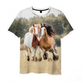 Мужская футболка 3D с принтом Лошади , 100% полиэфир | прямой крой, круглый вырез горловины, длина до линии бедер | Тематика изображения на принте: animal | free | horse | mane | nature | pair | polish | wild | грива | дикий | животное | конь | лоск | лошадь | пара | природа | свободный | скакун