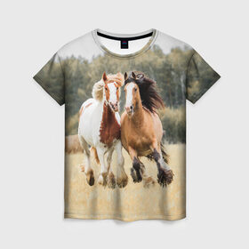 Женская футболка 3D с принтом Лошади , 100% полиэфир ( синтетическое хлопкоподобное полотно) | прямой крой, круглый вырез горловины, длина до линии бедер | animal | free | horse | mane | nature | pair | polish | wild | грива | дикий | животное | конь | лоск | лошадь | пара | природа | свободный | скакун