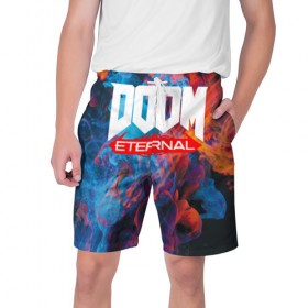 Мужские шорты 3D с принтом Doom Flames ,  полиэстер 100% | прямой крой, два кармана без застежек по бокам. Мягкая трикотажная резинка на поясе, внутри которой широкие завязки. Длина чуть выше колен | Тематика изображения на принте: 
