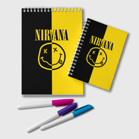 Блокнот с принтом NIRVANA , 100% бумага | 48 листов, плотность листов — 60 г/м2, плотность картонной обложки — 250 г/м2. Листы скреплены удобной пружинной спиралью. Цвет линий — светло-серый
 | Тематика изображения на принте: music | nirvana | rip smile | rock | smile | группа | курт кобейн | музыка | нирвана | рок | смайл