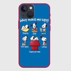 Чехол для iPhone 13 mini с принтом Что делает меня счастливым ,  |  | Тематика изображения на принте: happy | makes | me | peanuts | snoopy | what | арахис | вудсток | пес | сабака | снупи | собака | чарли браун | щенок