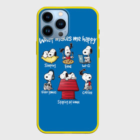 Чехол для iPhone 13 Pro Max с принтом Что делает меня счастливым ,  |  | Тематика изображения на принте: happy | makes | me | peanuts | snoopy | what | арахис | вудсток | пес | сабака | снупи | собака | чарли браун | щенок