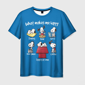 Мужская футболка 3D с принтом Что делает меня счастливым , 100% полиэфир | прямой крой, круглый вырез горловины, длина до линии бедер | happy | makes | me | peanuts | snoopy | what | арахис | вудсток | пес | сабака | снупи | собака | чарли браун | щенок