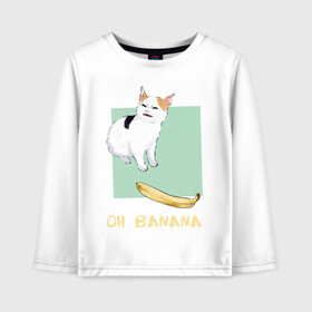 Детский лонгслив хлопок с принтом Banana Cat , 100% хлопок | круглый вырез горловины, полуприлегающий силуэт, длина до линии бедер | Тематика изображения на принте: cat | meme | picture | банан | картинки | кот | котики | коты | кошки | мем | прикольные