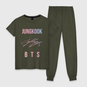 Женская пижама хлопок с принтом JUNGKOOK BTS АВТОГРАФ , 100% хлопок | брюки и футболка прямого кроя, без карманов, на брюках мягкая резинка на поясе и по низу штанин | Тематика изображения на принте: bts | bts boy | bts love | jungkook. | k pop | love yourself | айдол | битиэс | бтс | ким тэ хен | фанфик бтс | чон чонгук