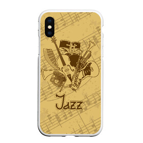 Чехол для iPhone XS Max матовый с принтом Jazz , Силикон | Область печати: задняя сторона чехла, без боковых панелей | Тематика изображения на принте: brown | cello | drum | guitar | instrument | jazz | musical | retro | saxophone | sheet music | trumpet | vintage | yellow | барабан | винтаж | виолончель | гитара | джаз | желтый | инструмент | коричневый | музыка | музыкальный | ноты | ретро | сак