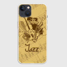 Чехол для iPhone 13 с принтом Jazz ,  |  | brown | cello | drum | guitar | instrument | jazz | musical | retro | saxophone | sheet music | trumpet | vintage | yellow | барабан | винтаж | виолончель | гитара | джаз | желтый | инструмент | коричневый | музыка | музыкальный | ноты | ретро | сак