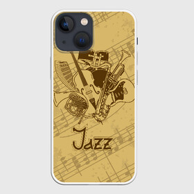 Чехол для iPhone 13 mini с принтом Jazz ,  |  | brown | cello | drum | guitar | instrument | jazz | musical | retro | saxophone | sheet music | trumpet | vintage | yellow | барабан | винтаж | виолончель | гитара | джаз | желтый | инструмент | коричневый | музыка | музыкальный | ноты | ретро | сак