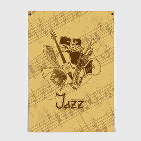 Постер с принтом Jazz , 100% бумага
 | бумага, плотность 150 мг. Матовая, но за счет высокого коэффициента гладкости имеет небольшой блеск и дает на свету блики, но в отличии от глянцевой бумаги не покрыта лаком | brown | cello | drum | guitar | instrument | jazz | musical | retro | saxophone | sheet music | trumpet | vintage | yellow | барабан | винтаж | виолончель | гитара | джаз | желтый | инструмент | коричневый | музыка | музыкальный | ноты | ретро | сак