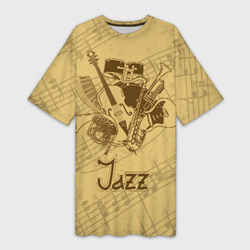 Платье-футболка 3D с принтом Jazz ,  |  | brown | cello | drum | guitar | instrument | jazz | musical | retro | saxophone | sheet music | trumpet | vintage | yellow | барабан | винтаж | виолончель | гитара | джаз | желтый | инструмент | коричневый | музыка | музыкальный | ноты | ретро | сак