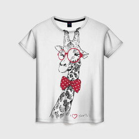 Женская футболка 3D с принтом Жираф , 100% полиэфир ( синтетическое хлопкоподобное полотно) | прямой крой, круглый вырез горловины, длина до линии бедер | animal | bow tie | cool | giraffe | gray | red | white | белый | галстук  бабочка | животное | жираф | красный | очки | прикольный | серый